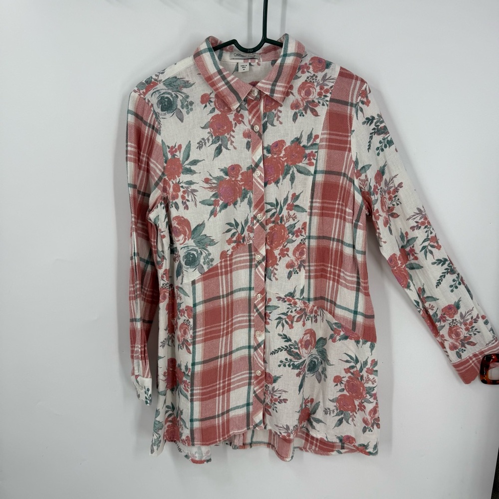 Coldwater Creek petals and plaid linen cotton Button Down tunic Shirt M